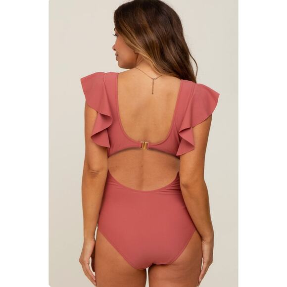 Pink Blush Rust Ruffle Shoulder Pleated Side Maternity One Piece Swimsuit Size L - Picture 2 of 2